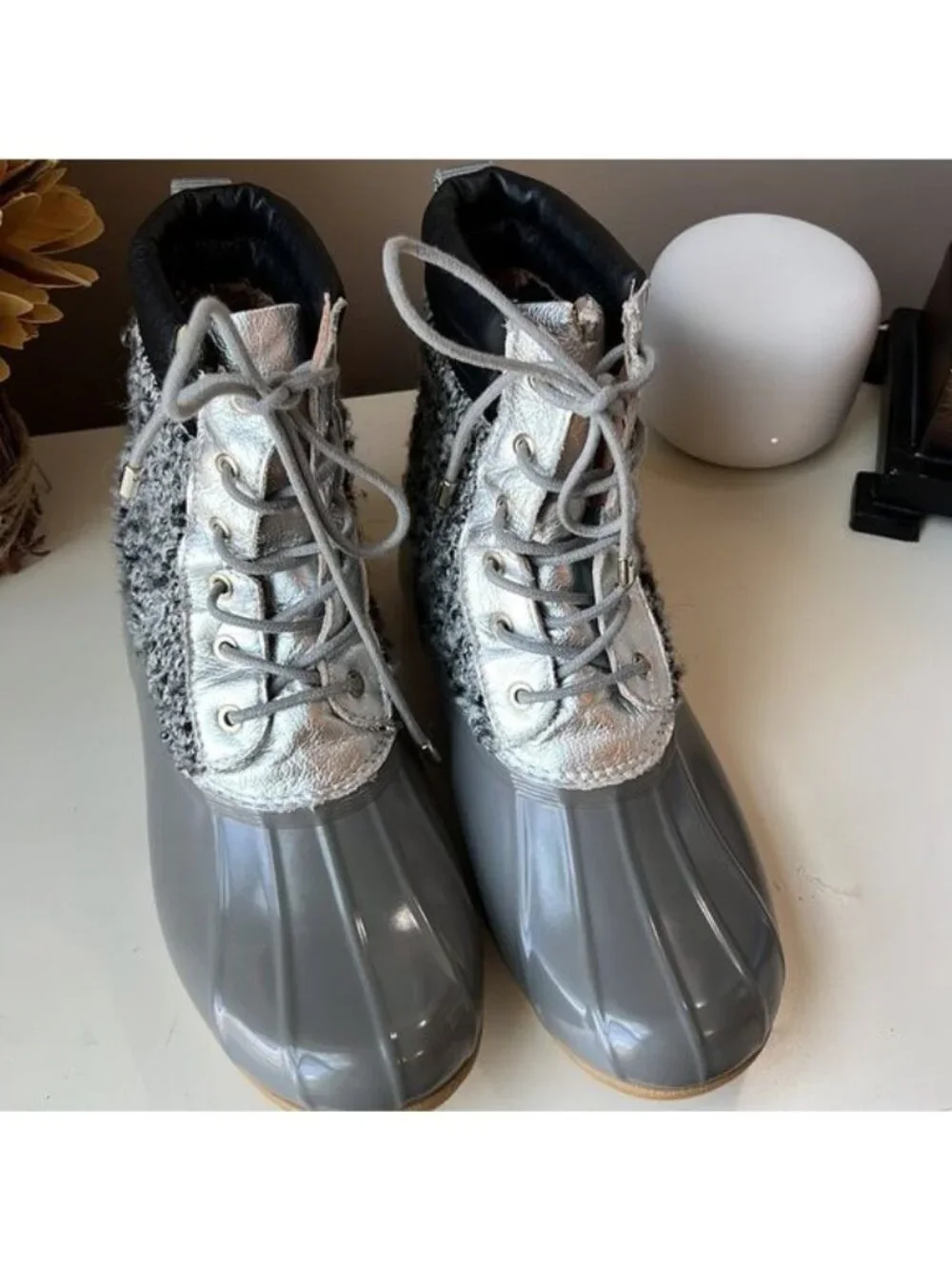 Sam Edelman Caldwell Waterproof RainSnow Duck Boots Silver Gray Tweed size 8